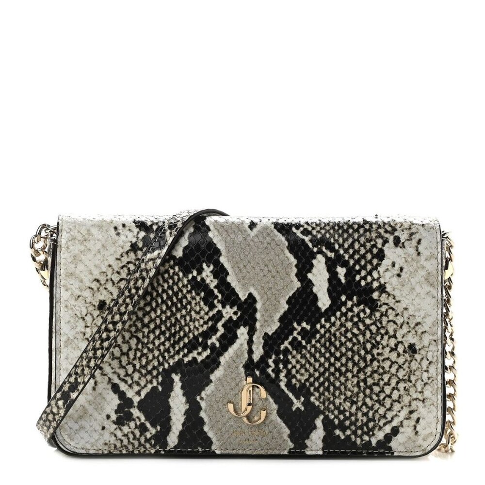 Jimmy Choo JC Snake Printed Leather Wallet Chain OPSL Light Stone